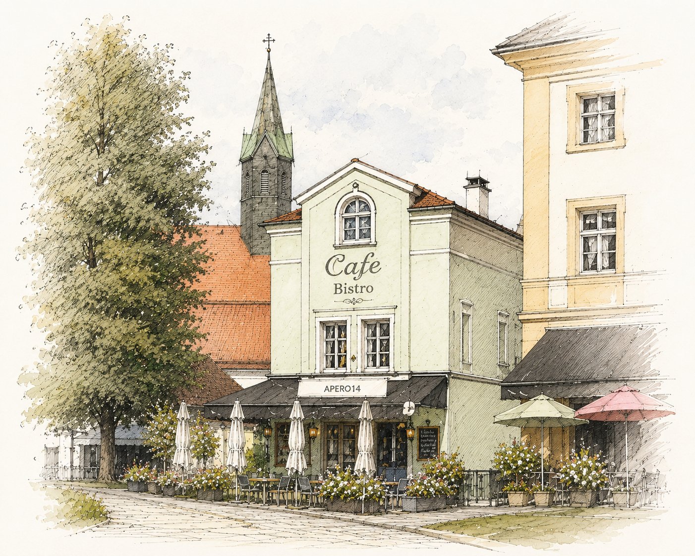 Illustration des Apero14 Café-Bistros am Kapellplatz in Altötting