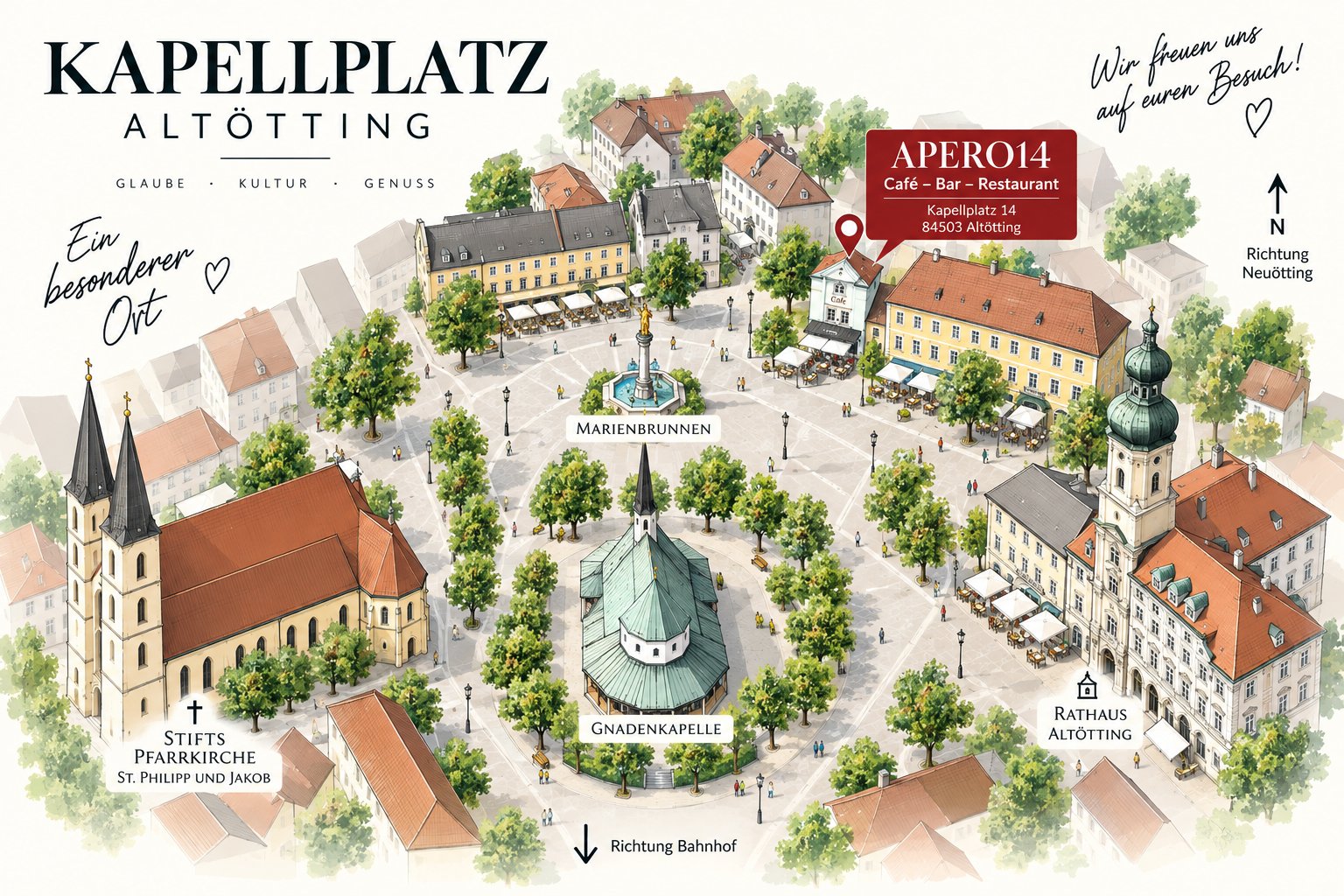 Illustrierte Standortkarte: Apero14 am Kapellplatz Altötting, mit Stiftspfarrkirche, Marienbrunnen, Gnadenkapelle und Rathaus