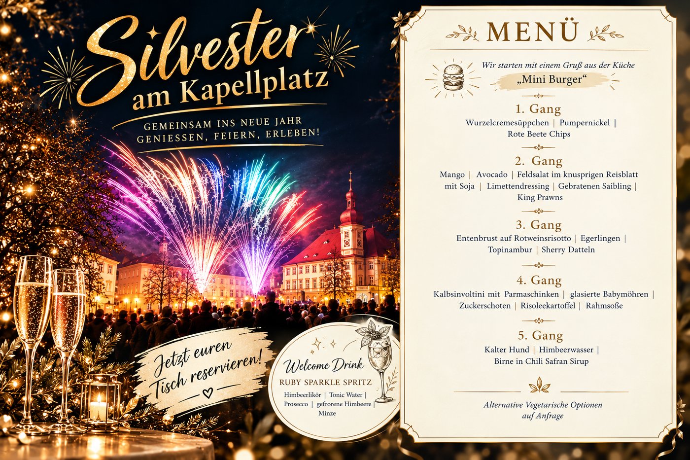 Silvester am Kapellplatz — Menükarte mit Welcome Drink und fünf Gängen