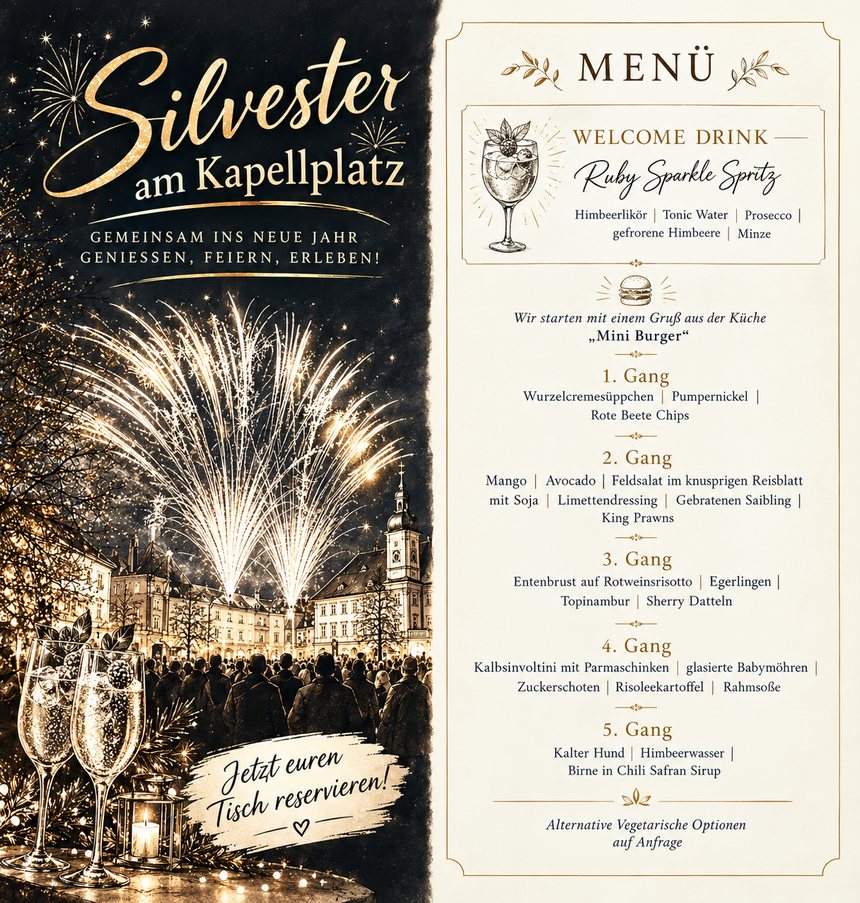 Silvester am Kapellplatz — Menü mit Welcome Drink Ruby Sparkle Spritz und fünf Gängen